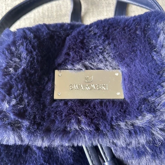 Swarovski faux fur mini backpack purse handbag, dark blue, adjustable straps - Picture 2 of 8